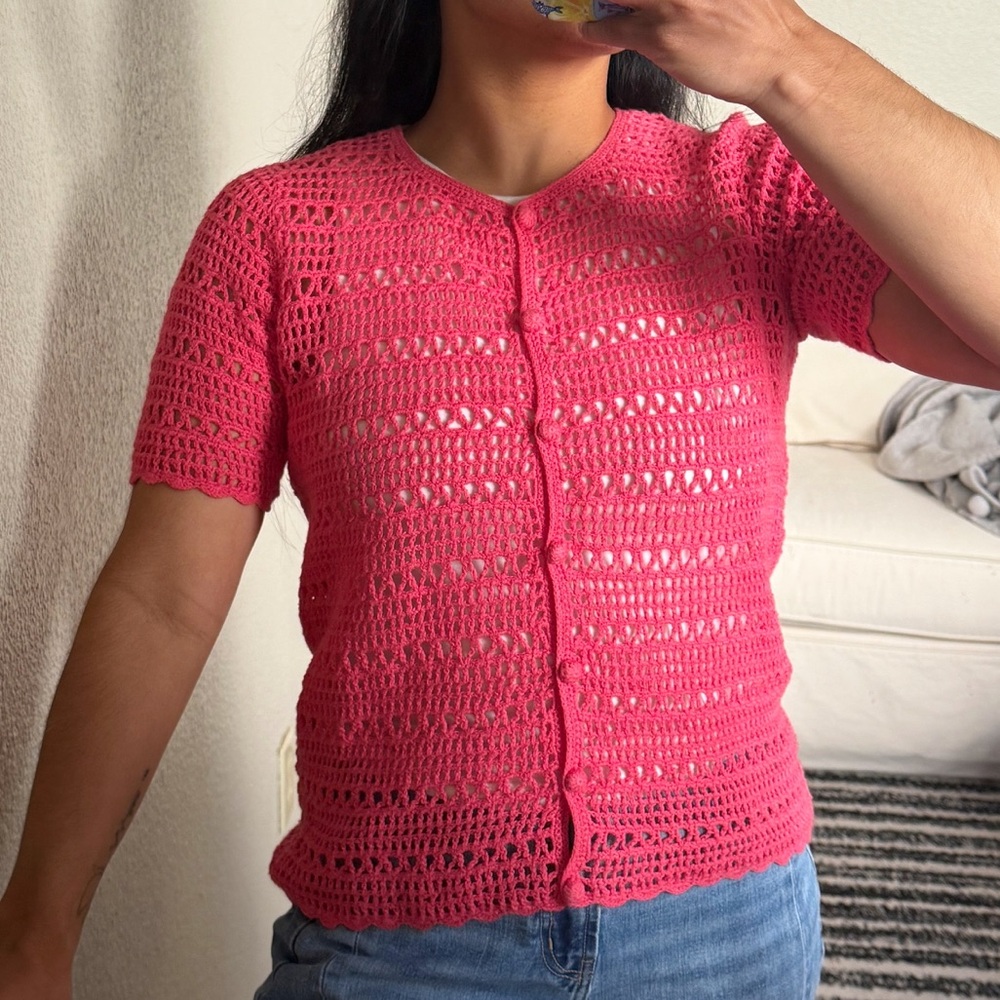 Pink Crochet Knit Short Sleeve Cardigan